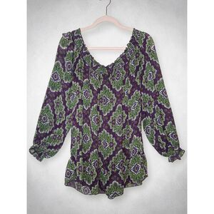 Womens 2X Purple Green Paisley Floral Chiffon Blouse Ruffle Neck Long Sleeve Top